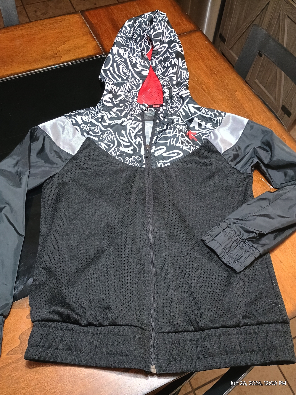 Youth Hooded Windbreaker Jacket with Script-Print Hood - Black/Red